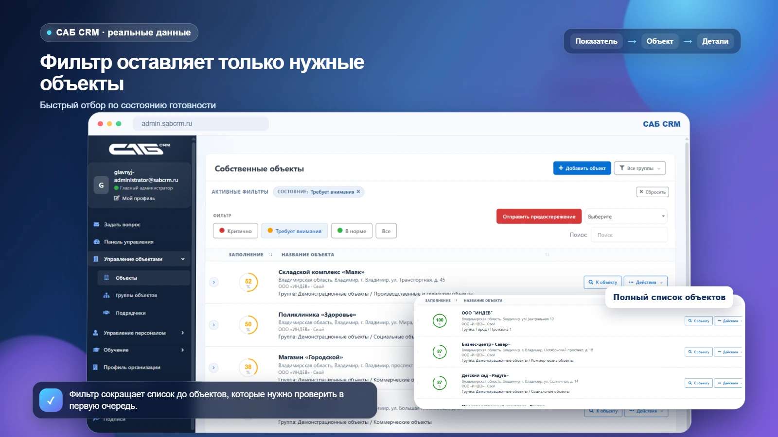 Фильтрация объектов, требующих внимания