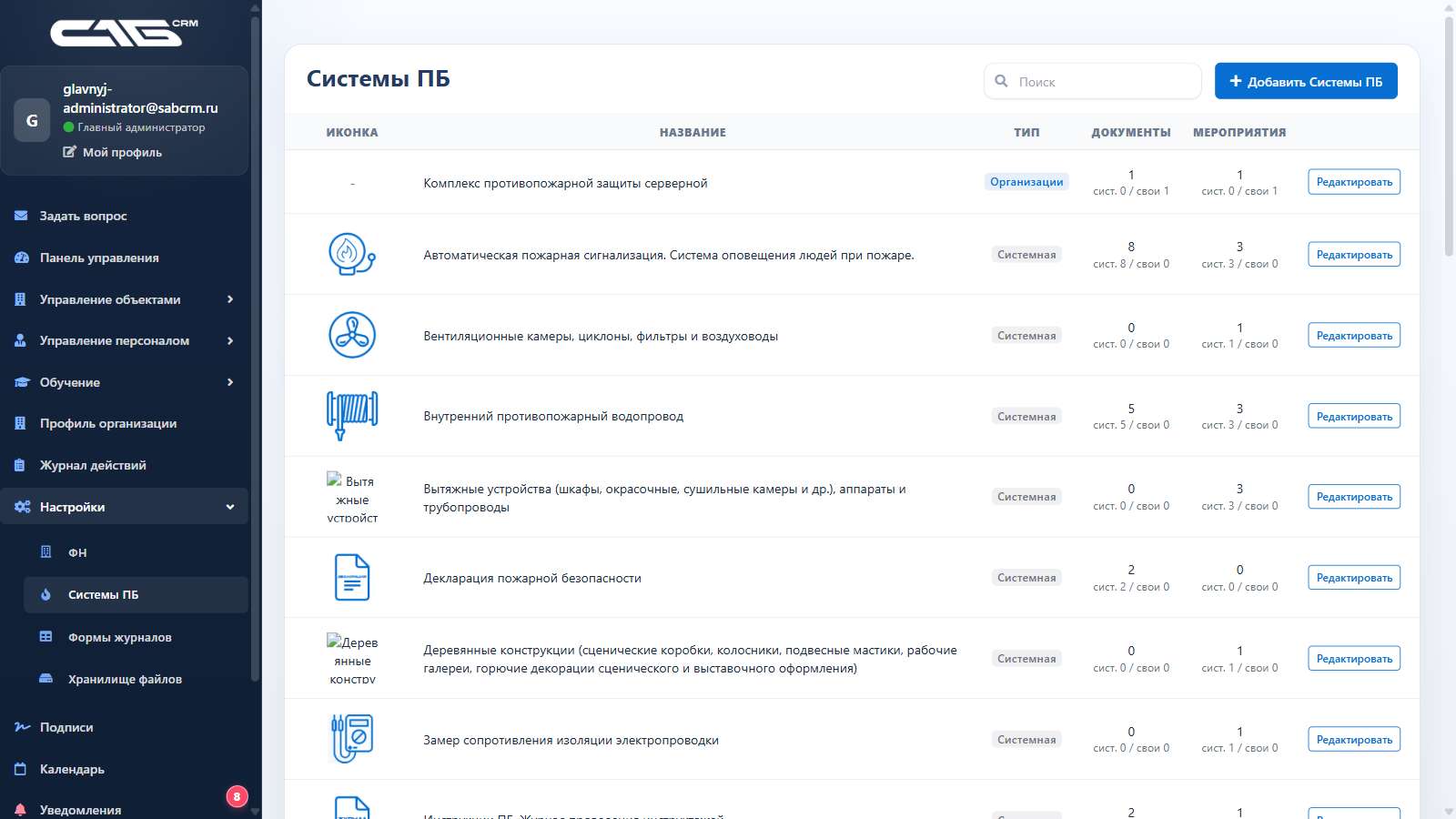 Каталог систем пожарной безопасности организации в САБ CRM
