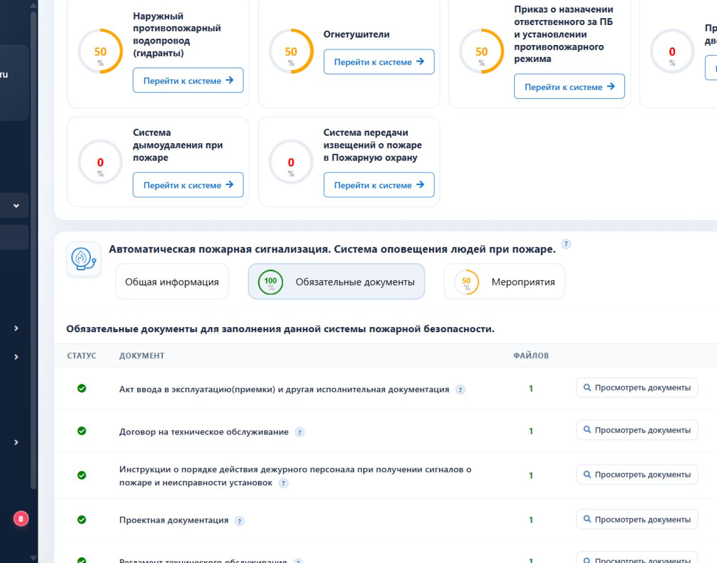 Заполненные обязательные документы системы АПС